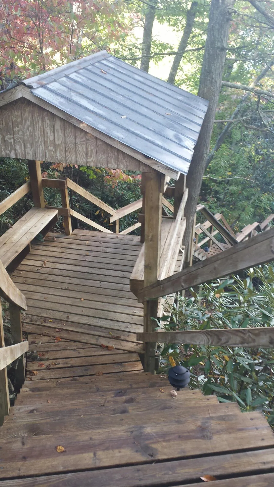 Metal roofed shelter over wooden steps on a wooded walkway — Skylight Repair & Installation work by our crew in Kenneth